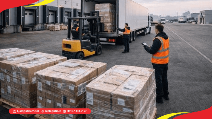 Truk trailer dengan pallet cargo dan forklift saat proses loading di area gudang