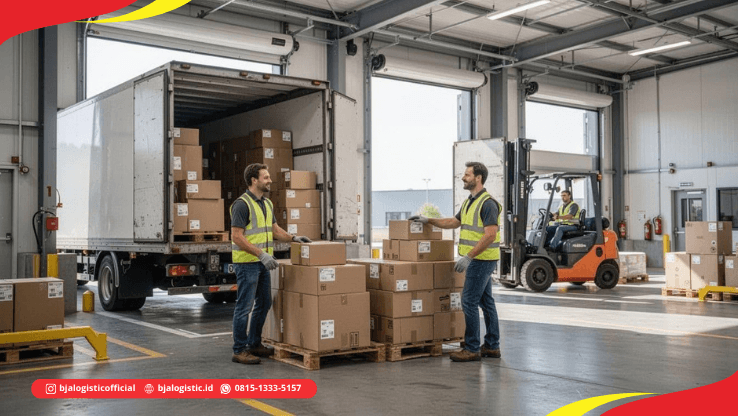 Truk cargo di area distribution center dengan aktivitas logistik di sekitar gudang