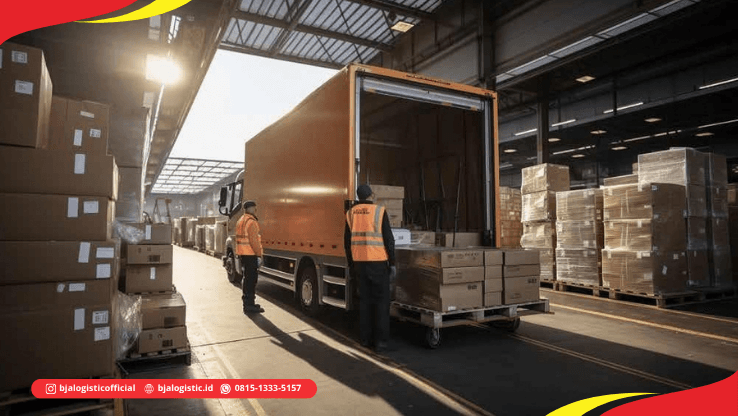 Forklift memindahkan pallet cargo di area warehouse modern