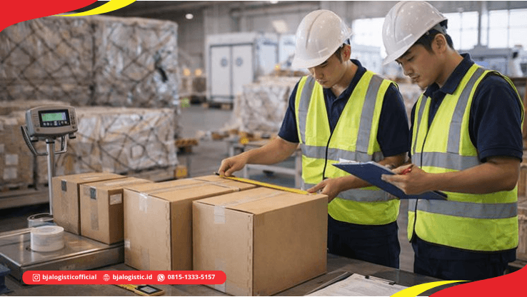 Pekerja logistik memeriksa cargo sebelum pengiriman barang