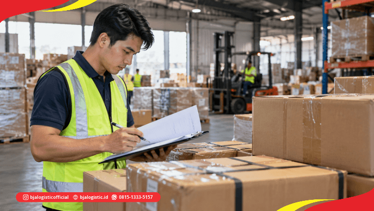 Petugas logistik memeriksa dokumen dan daftar barang sebelum pengiriman cargo