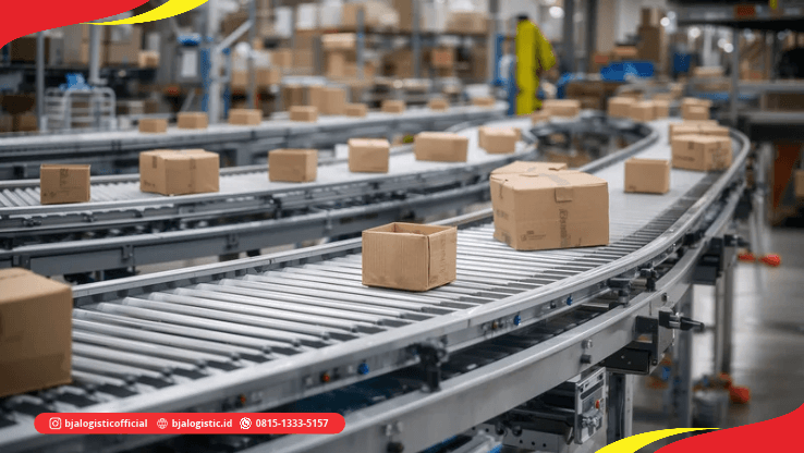 Conveyor dan komponen mesin industri yang disiapkan untuk pengiriman cargo antarpulau
